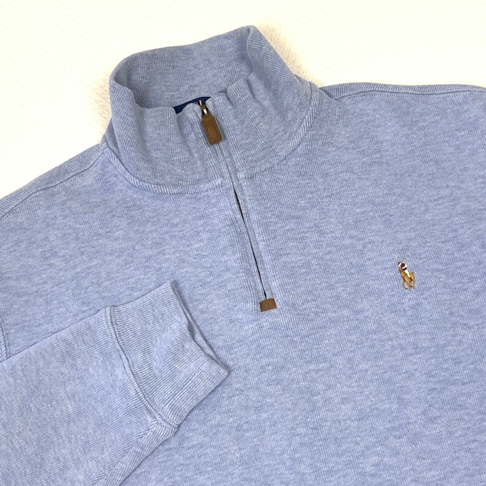Polo Ralph Lauren Mens Light Blue Heather 1/4 Zip Cotton Pullover Sweater Sz L